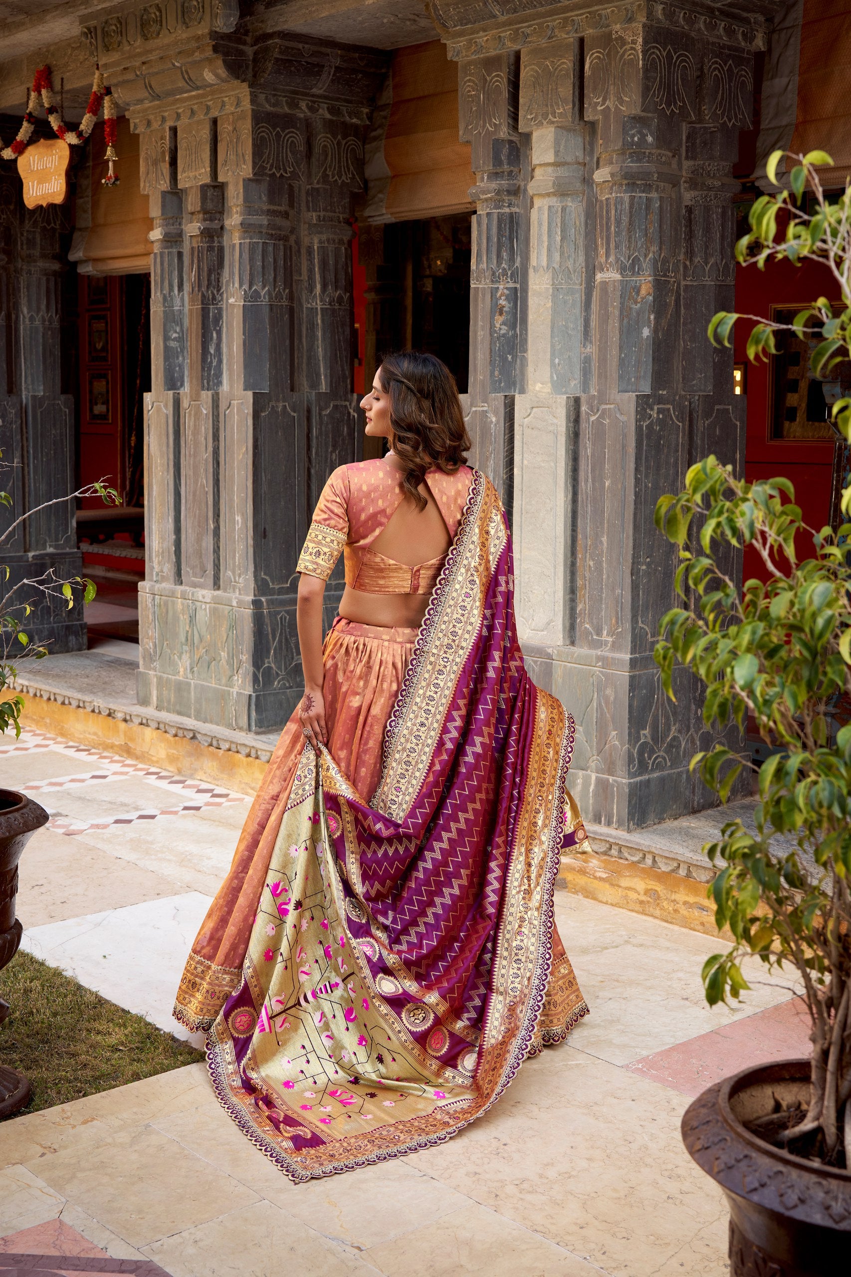 Peach Simmer Organza Lehenga Choli with Zari Weaving & Lace Border – Designer Wedding & Festive Wear Lehenga