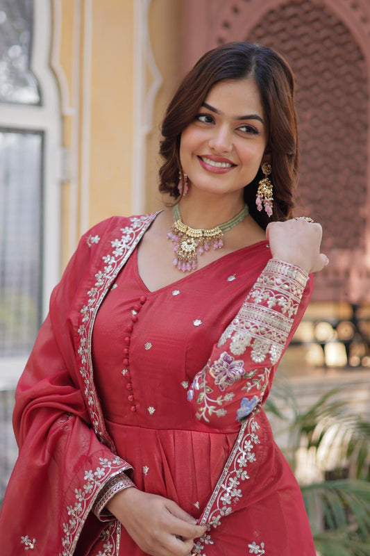 Pink Viscose Cosmos With Foil Embroidery Zari Sequins Work Gown