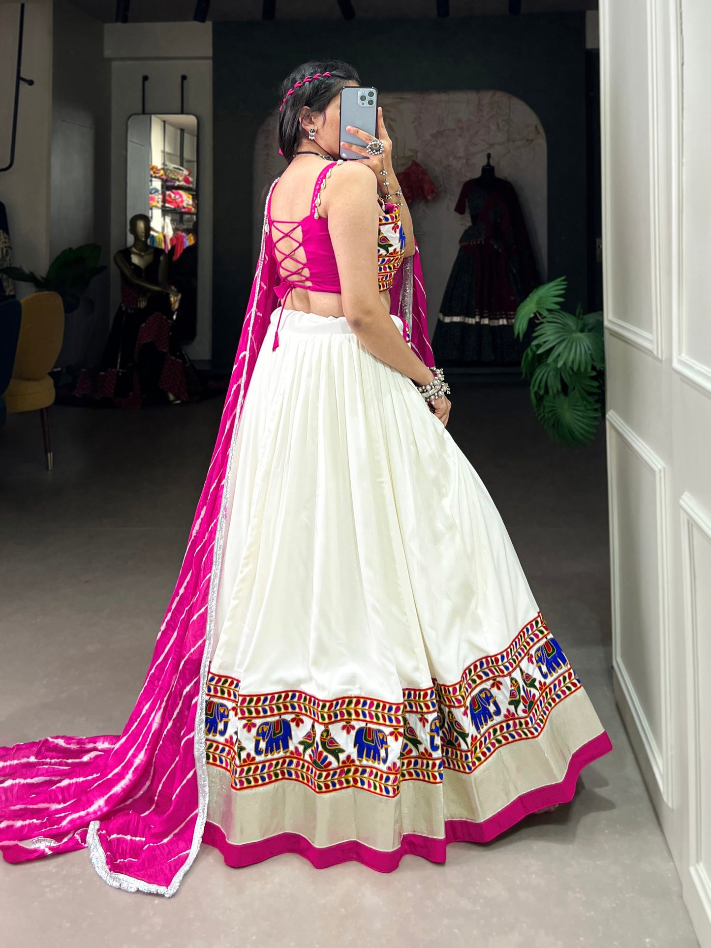 White Pink Pure Rayon Plain With Gamthi Work Lace Border Fully Stitched Navratri Lehenga Choli