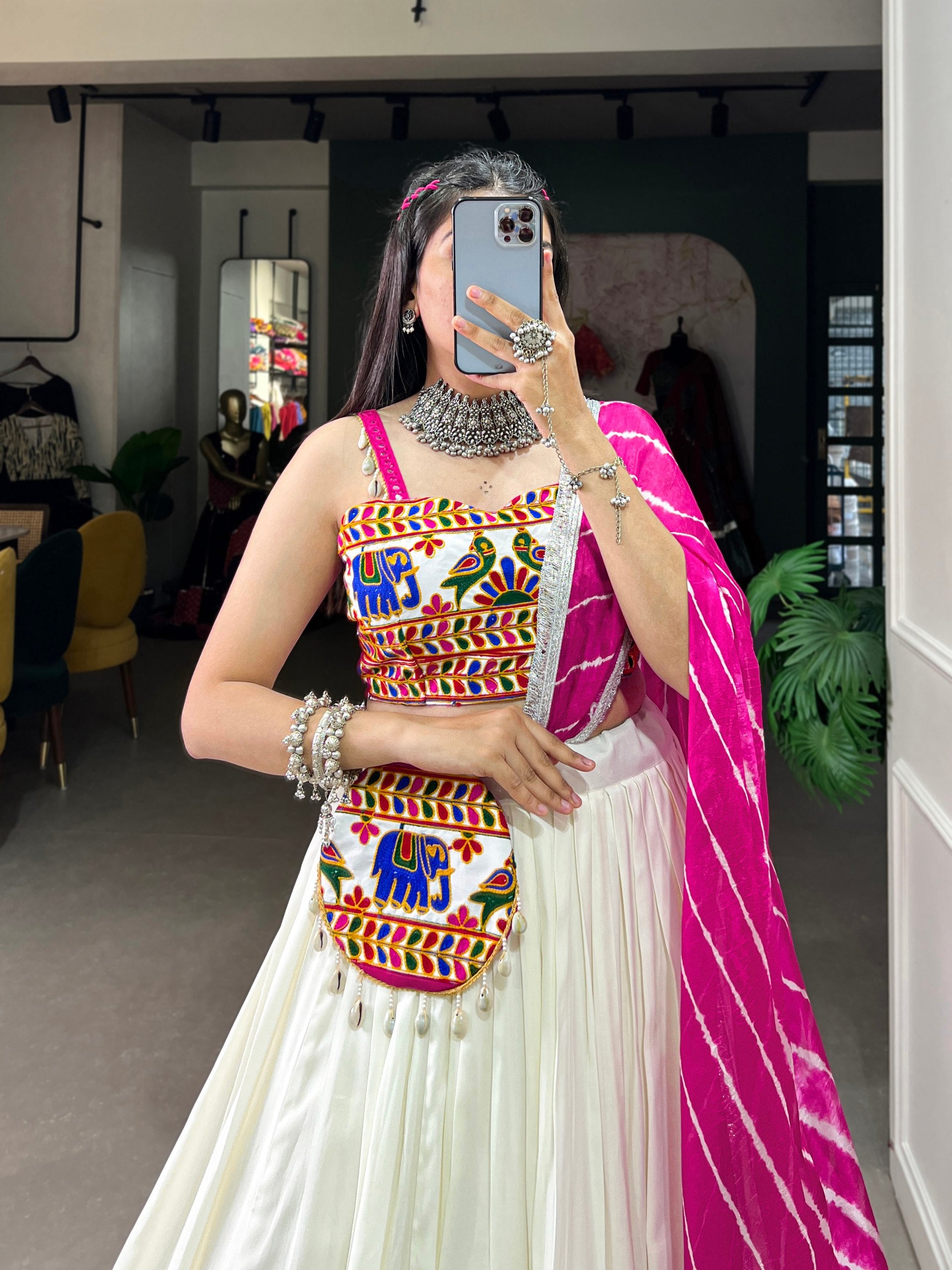 White Pink Pure Rayon Plain With Gamthi Work Lace Border Fully Stitched Navratri Lehenga Choli