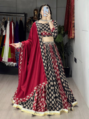 Black and maroon Navratri lehenga choli rayon cotton Ajrakh print