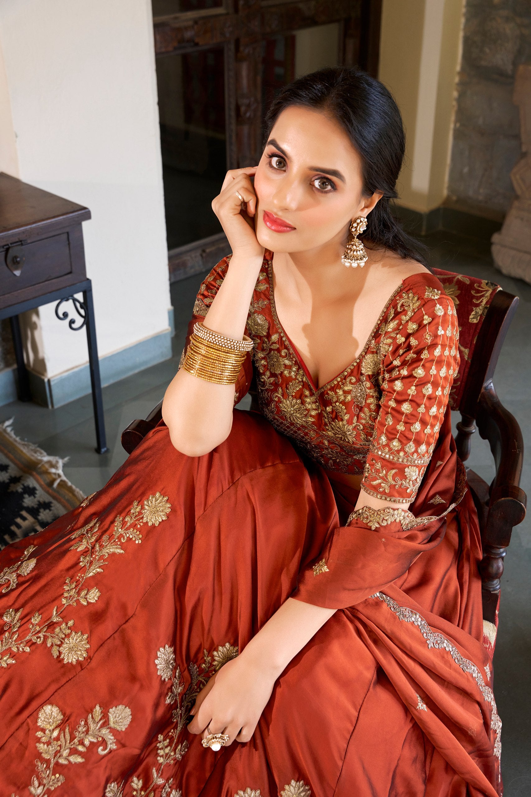 Rust Orange Rangoli Silk Lehenga with Sequins & Thread Embroidery – Designer Wedding & Festive Wear Lehenga