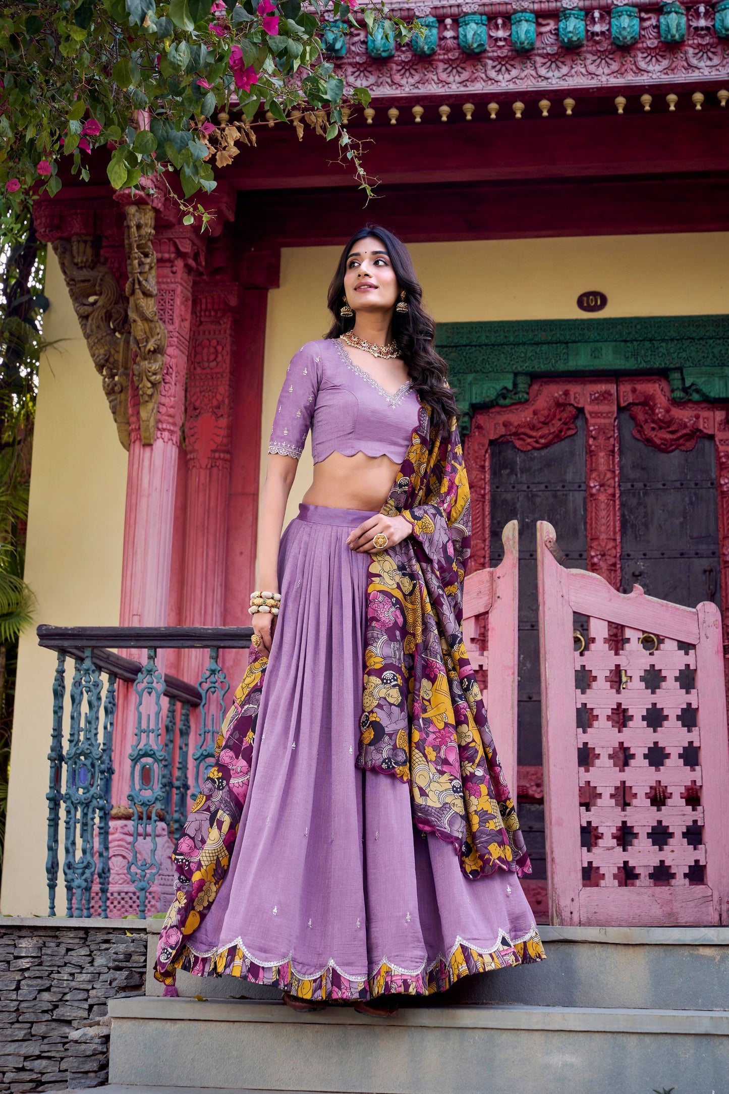 Lavender Vichitra Silk Sequins And Thread Embroidery Work Lehenga Choli