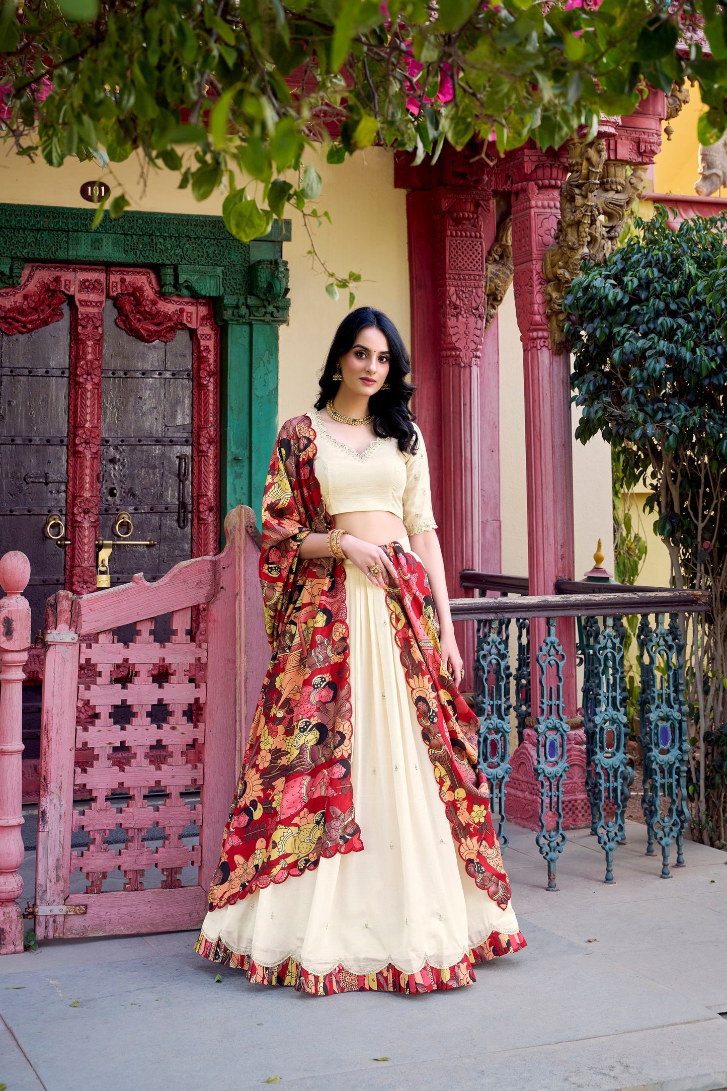 Off White Vichitra Silk Sequins And Thread Embroidery Work Lehenga Choli