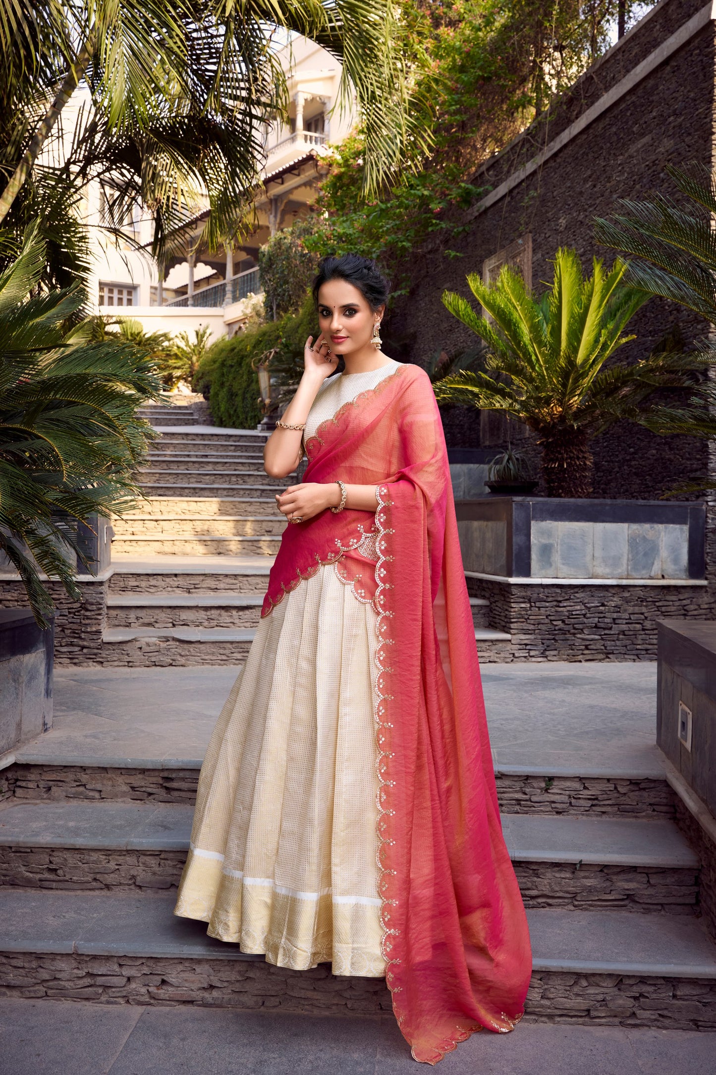 Off White Jacquard Chex Zari Weaving Work Lehenga Choli