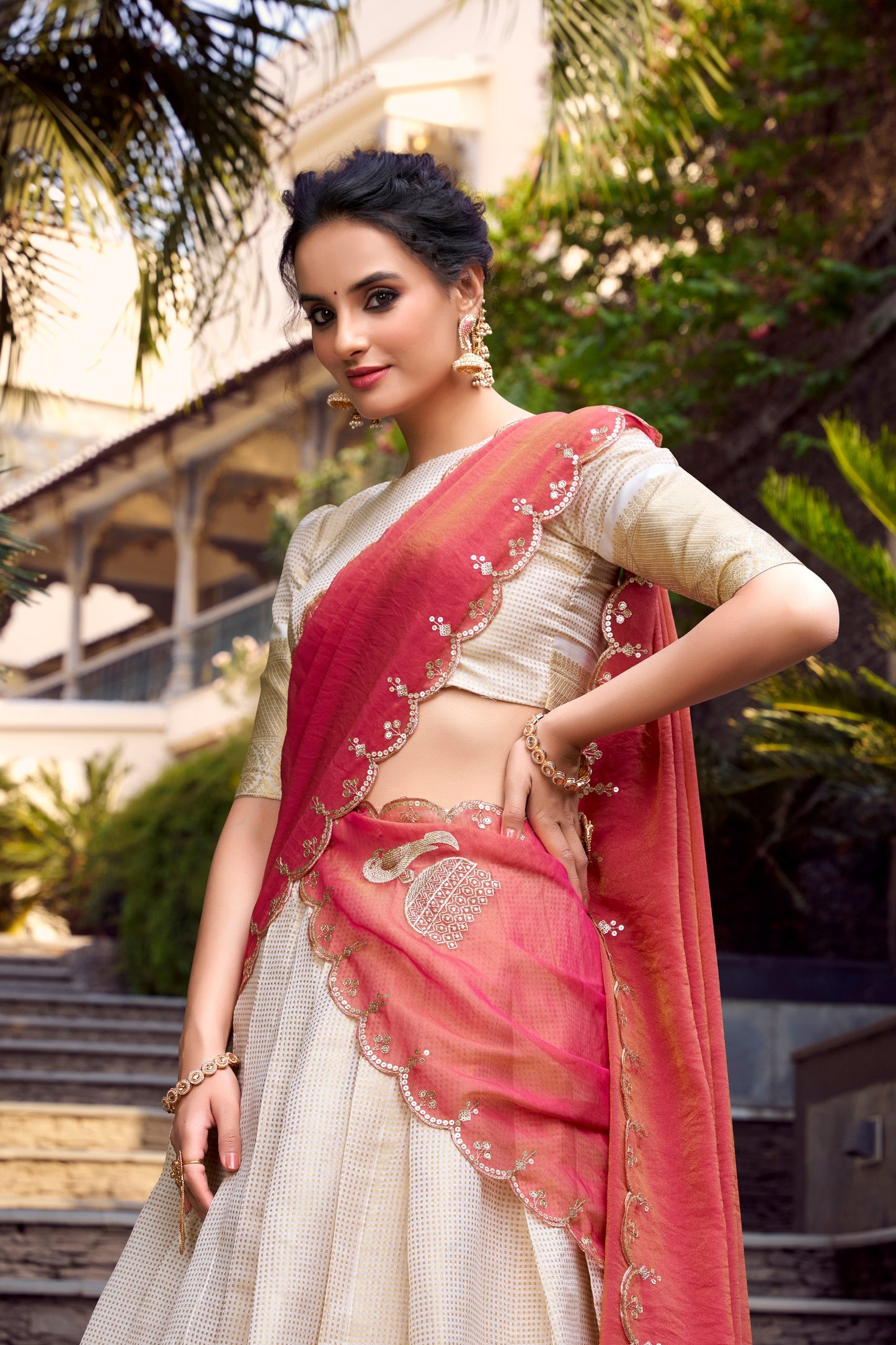 Off White Jacquard Chex Zari Weaving Work Lehenga Choli