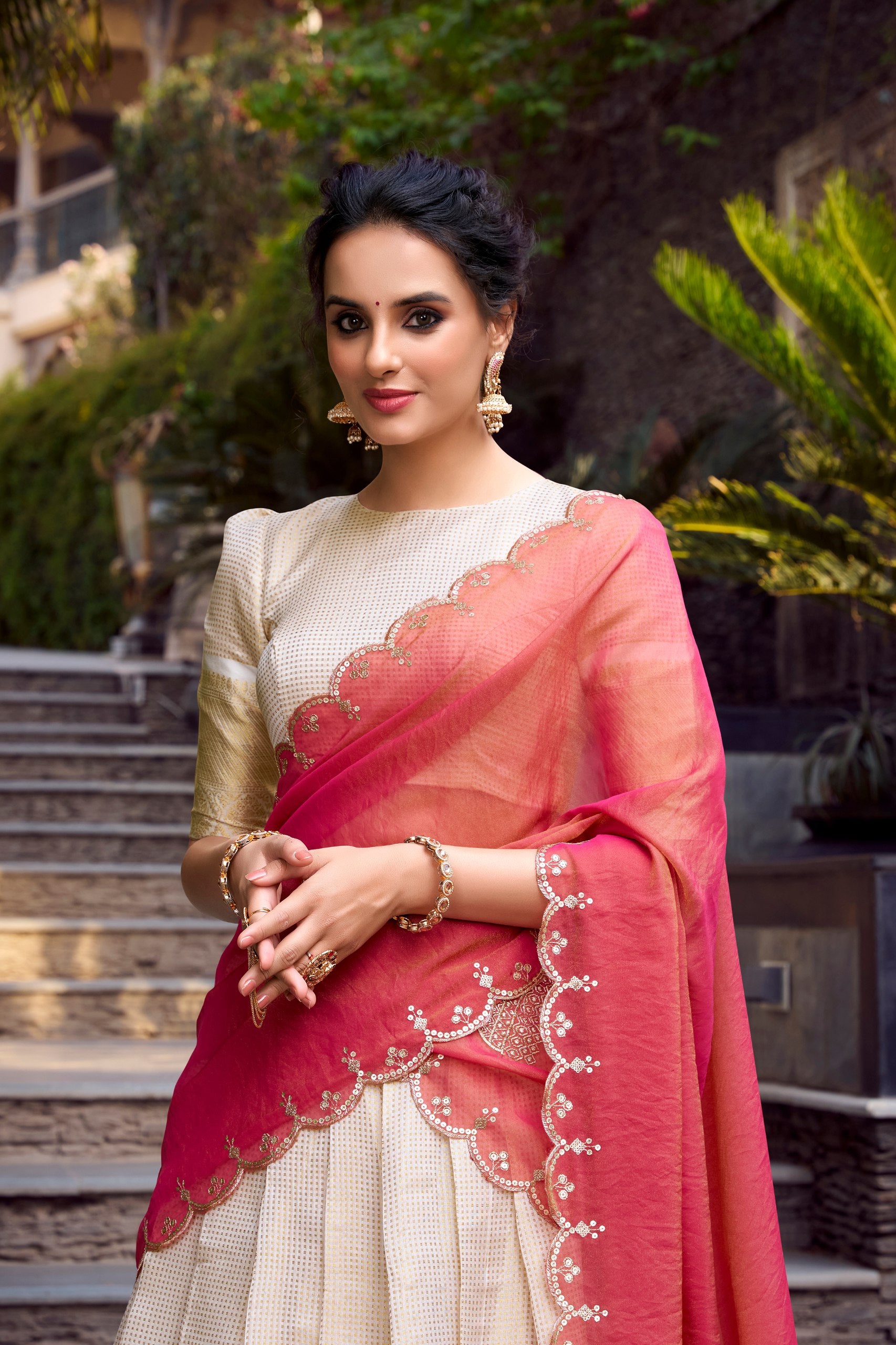Off White Jacquard Lehenga Choli with Chex Zari Weaving Work – Designer Wedding & Festive Wear Lehenga