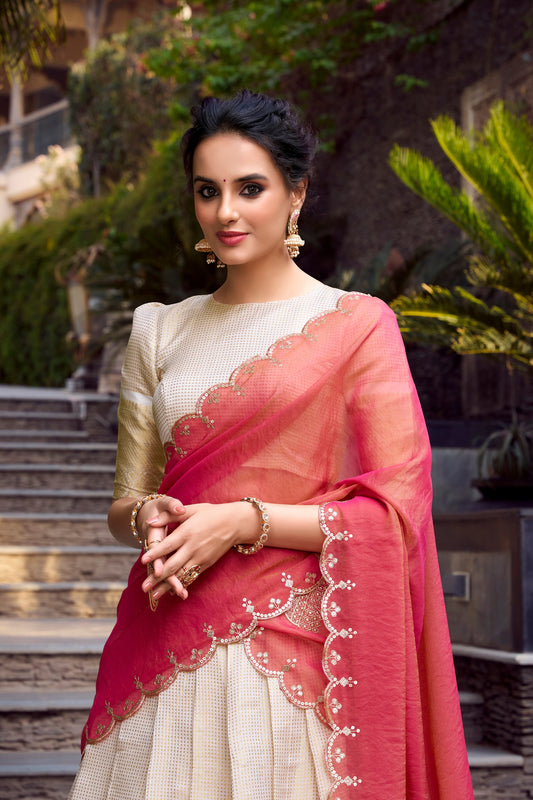 Off White Jacquard Chex Zari Weaving Work Lehenga Choli