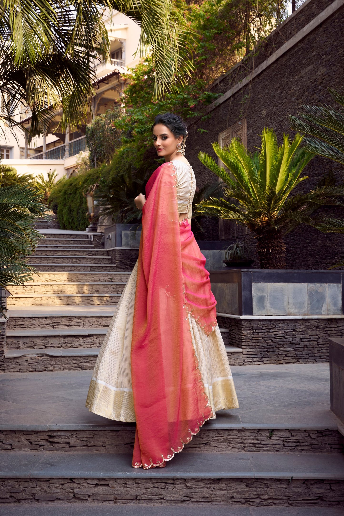 Off White Jacquard Chex Zari Weaving Work Lehenga Choli