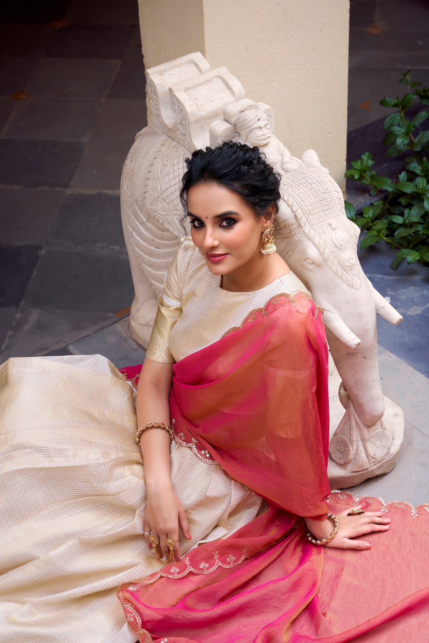 Off White Jacquard Chex Zari Weaving Work Lehenga Choli
