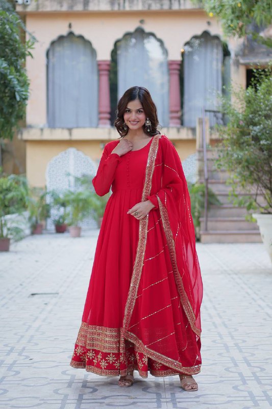 Red Faux Blooming With Multi-sequins Embroidered Work Gown