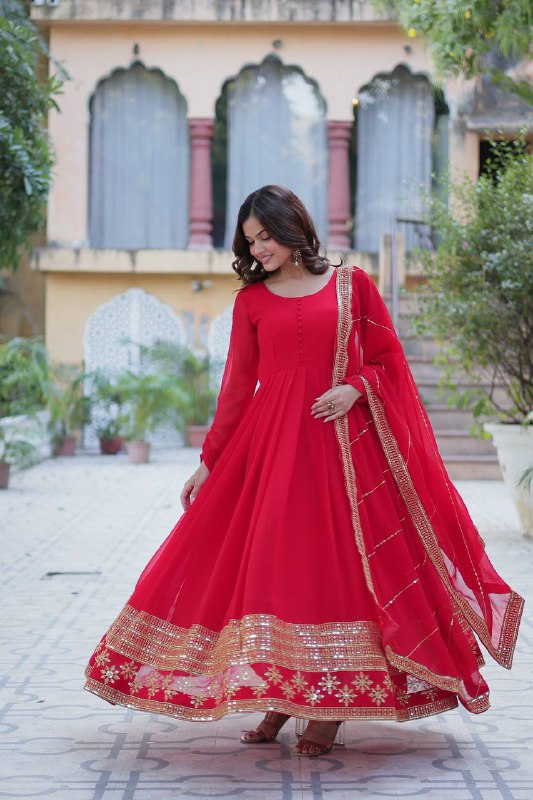 Red Faux Blooming With Multi-sequins Embroidered Work Gown