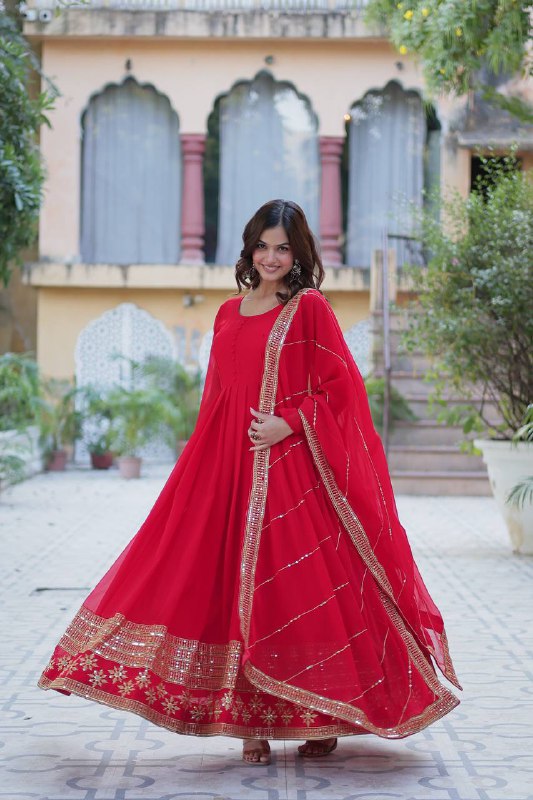 Red Faux Blooming With Multi-sequins Embroidered Work Gown