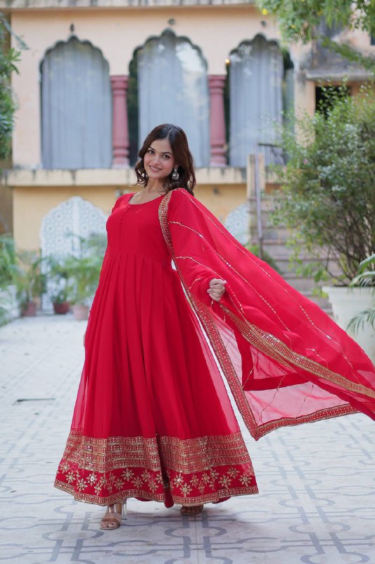 Red Faux Blooming With Multi-sequins Embroidered Work Gown