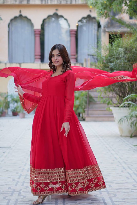 Red Faux Blooming With Multi-sequins Embroidered Work Gown
