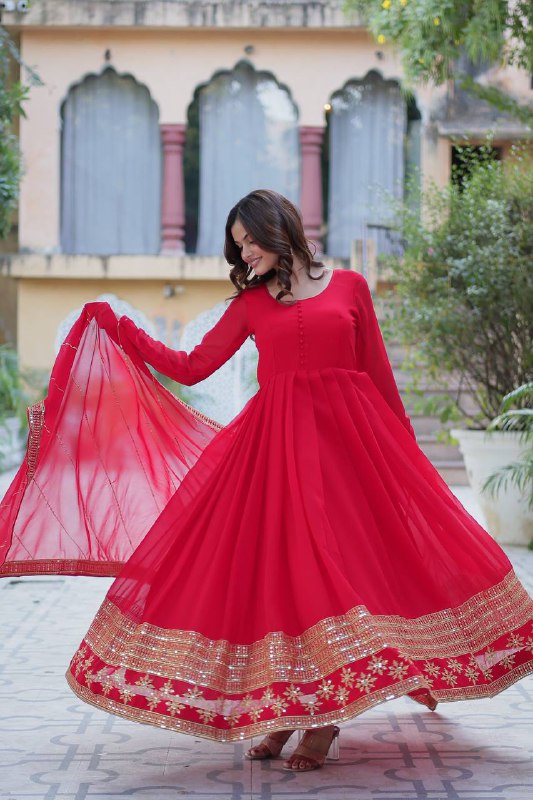 Red Faux Blooming With Multi-sequins Embroidered Work Gown