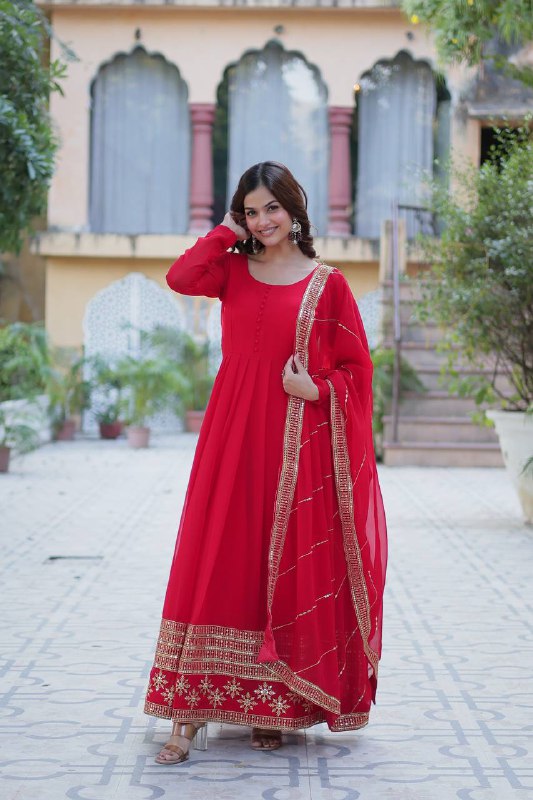 Red Faux Blooming With Multi-sequins Embroidered Work Gown