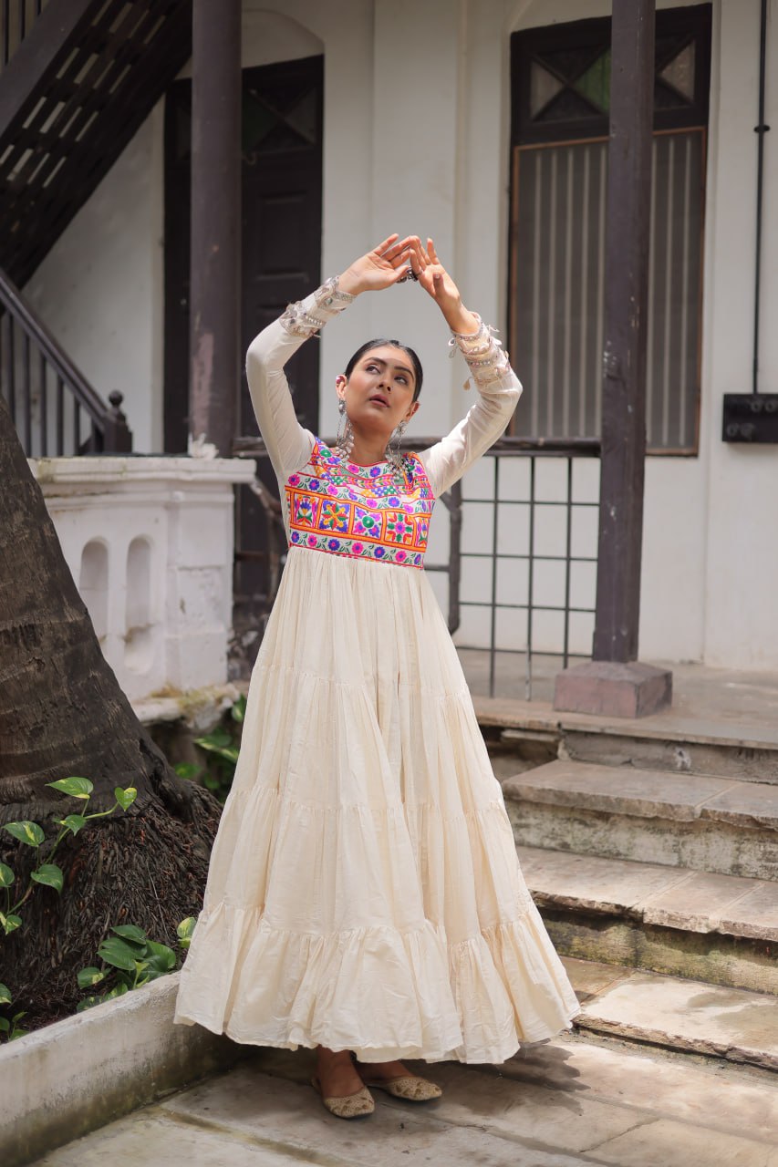 Off White Kora Cotton Gamthi Work Navratri Gown