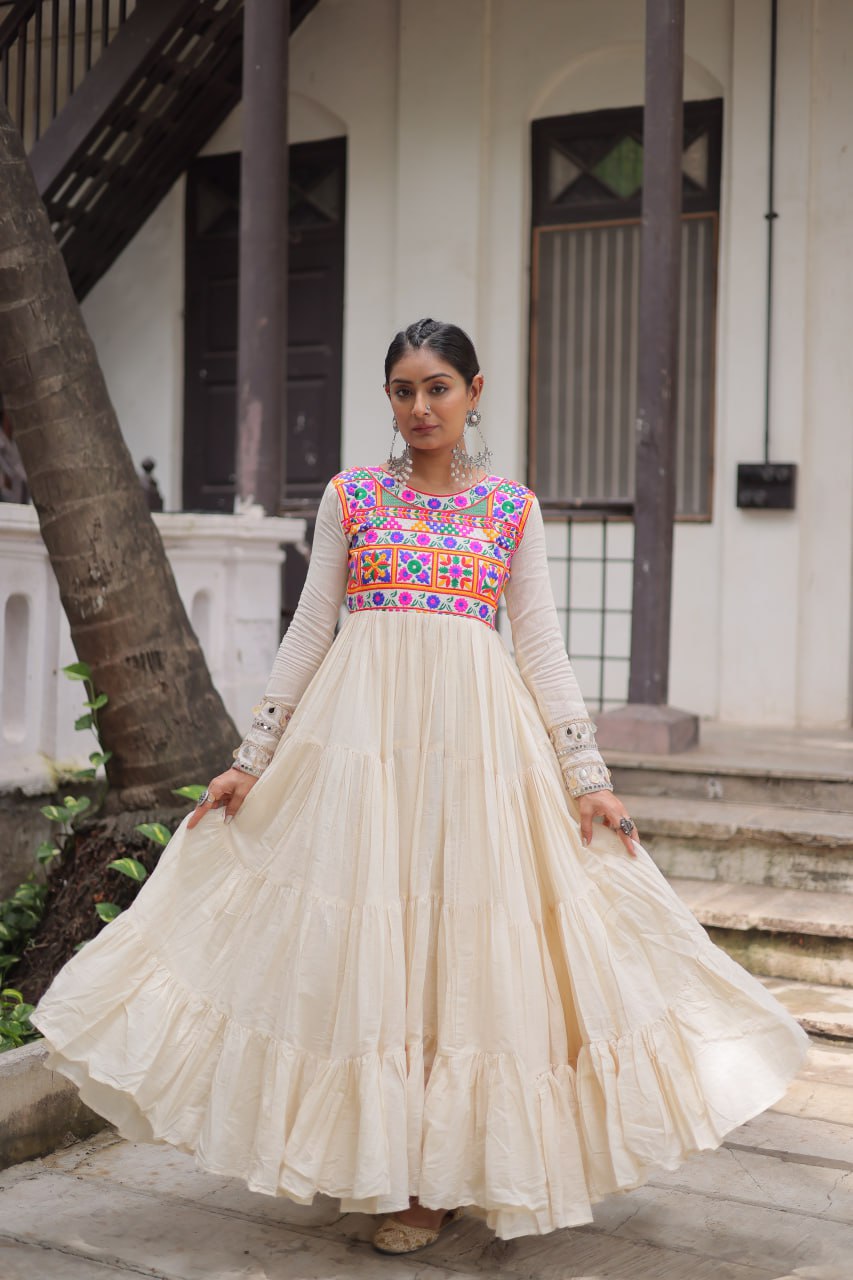 Off White Kora Cotton Gamthi Work Navratri Gown