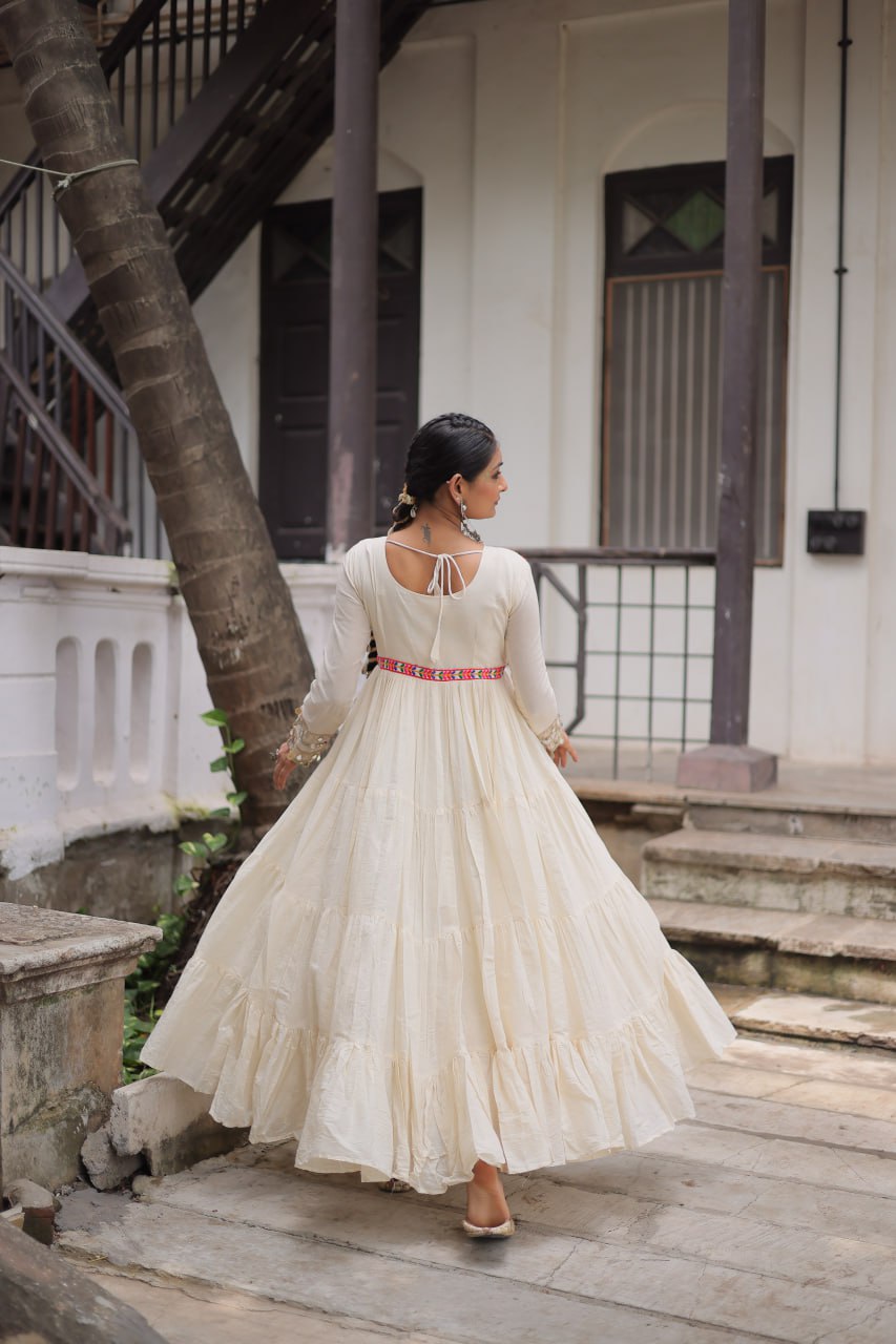 Off White Kora Cotton Gamthi Work Navratri Gown