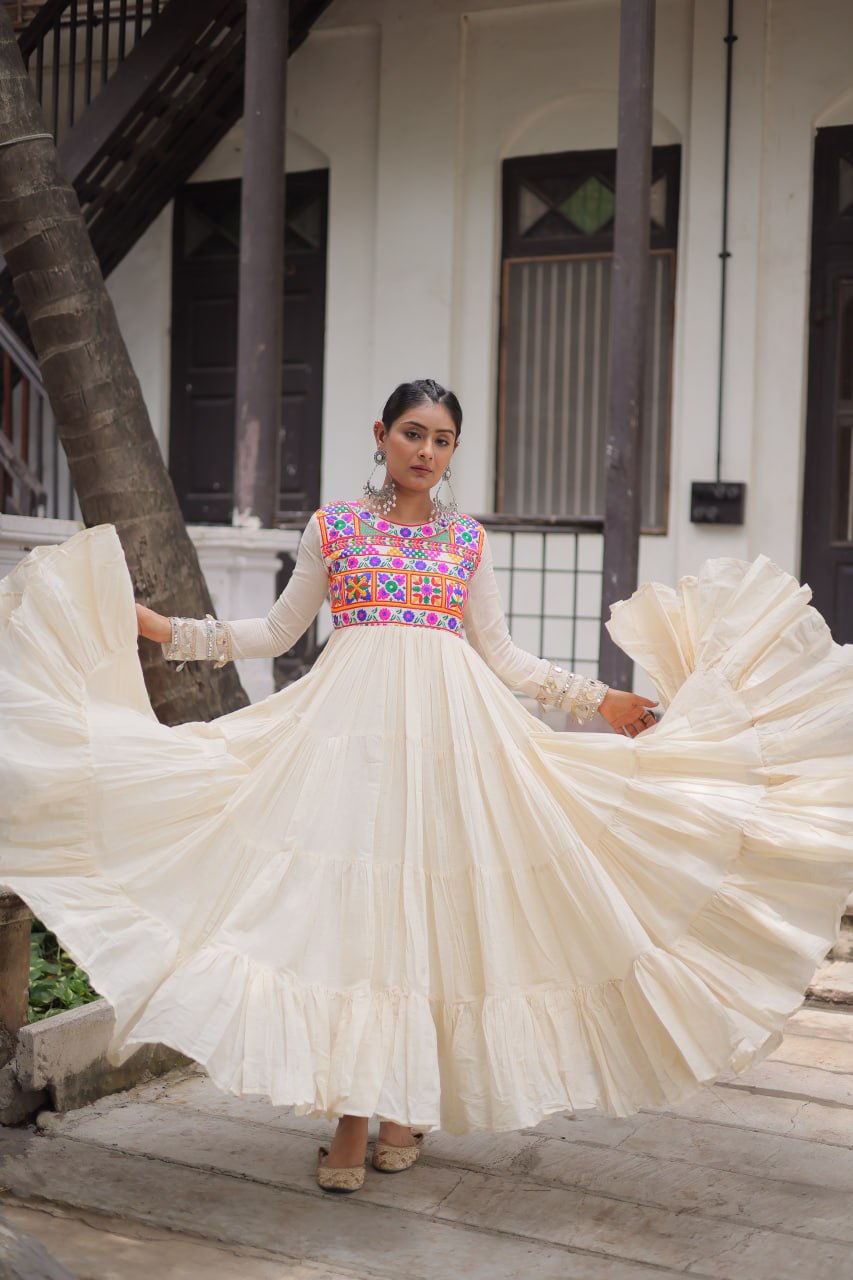Off White Kora Cotton Gamthi Work Navratri Gown