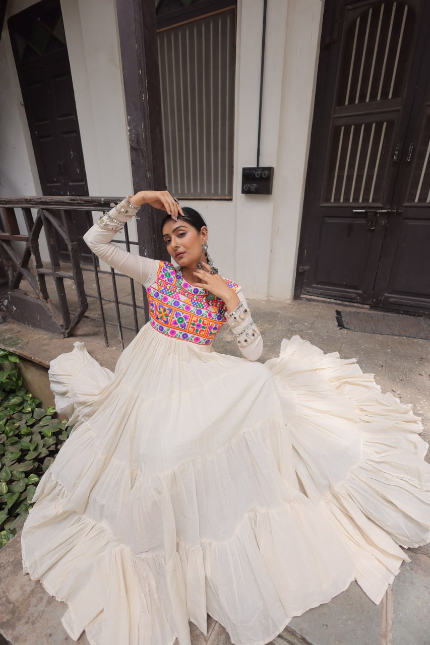 Off White Kora Cotton Gamthi Work Navratri Gown