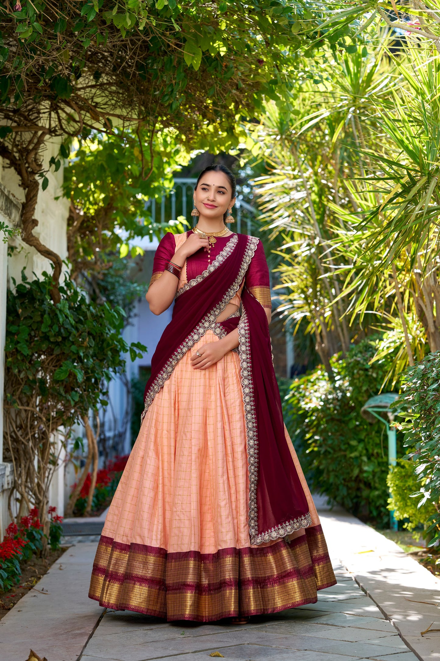 Peach Zari Chex Zari Weaving Work Lehenga Choli