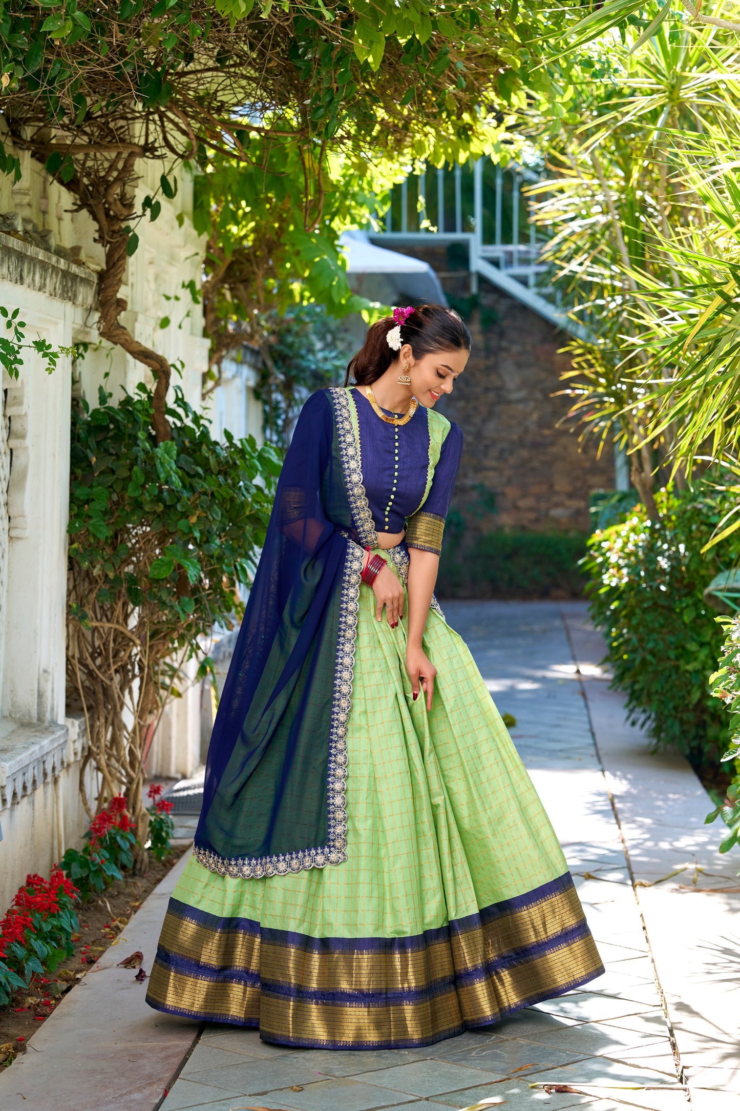 Pista Zari Chex Zari Weaving Work Lehenga Choli