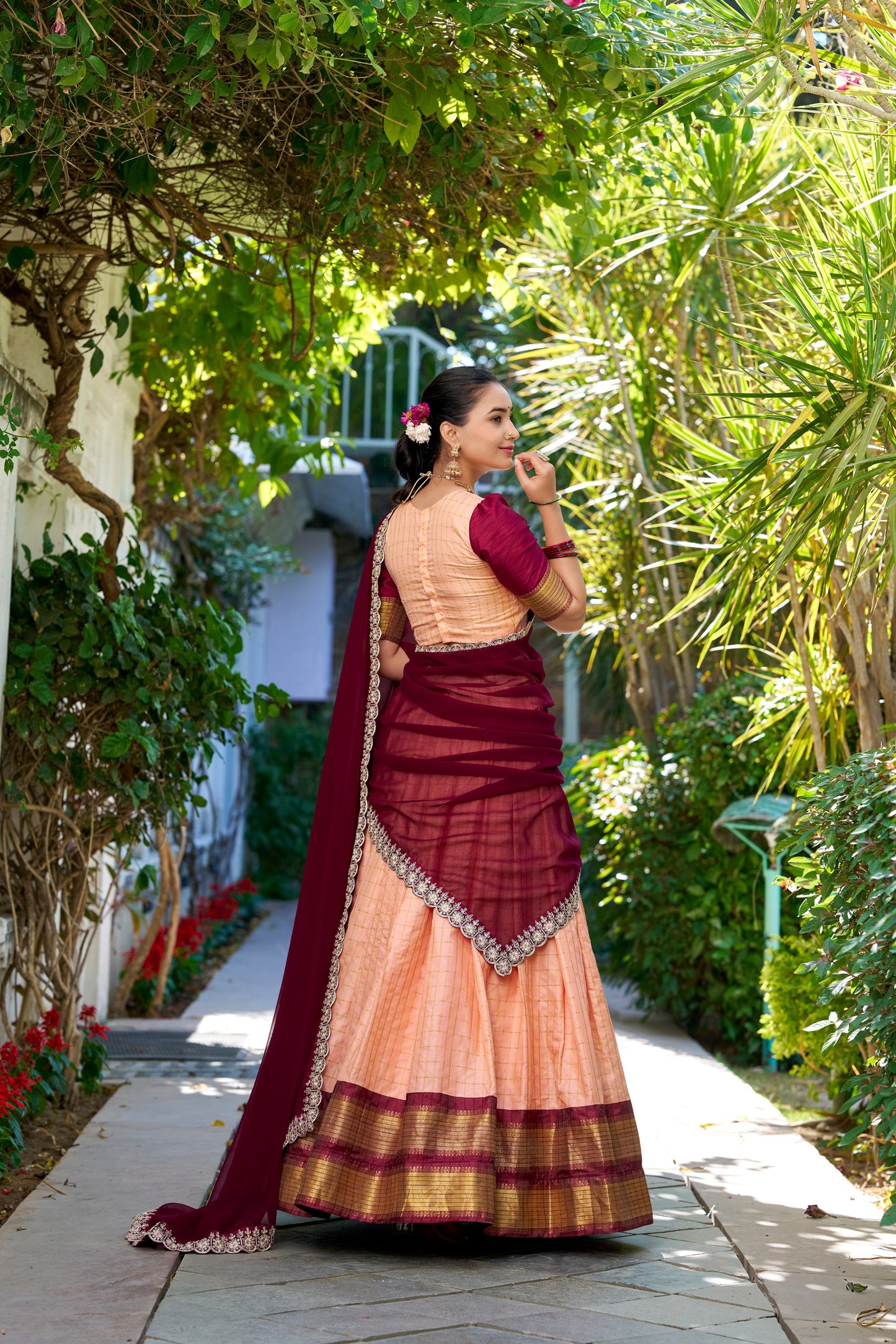 Peach Zari Chex Zari Weaving Work Lehenga Choli