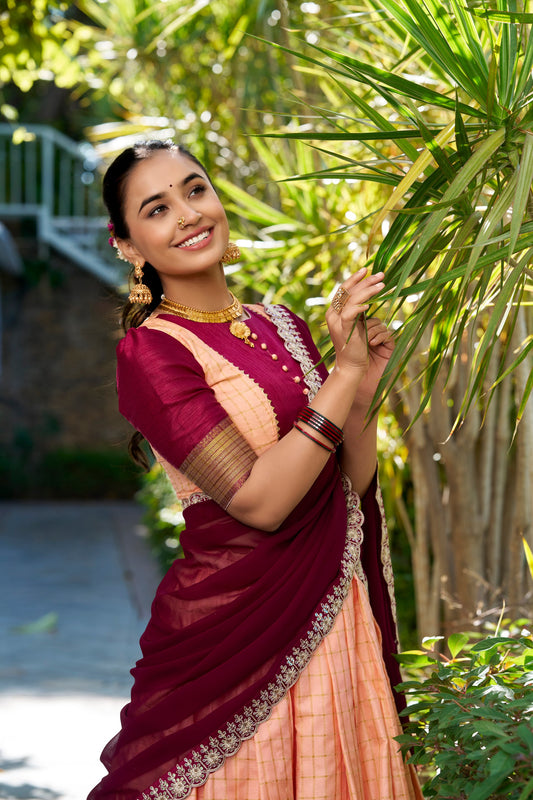 Peach Zari Chex Zari Weaving Work Lehenga Choli