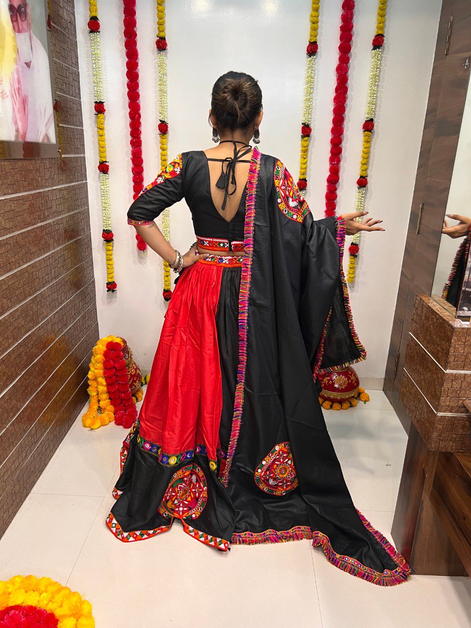 Rani Black Pure Cotton Silk Gamthi Work Butta Lace Work Navratri Lehenga Choli