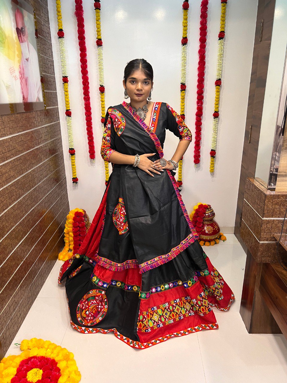 Rani Black Pure Cotton Silk Gamthi Work Butta Lace Work Navratri Lehenga Choli