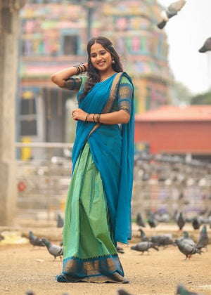 Olive Green Kanci Cotton Half Saree with Rama Blue Dupatta and Gold Zari Weaving Work by The Beauty Queen Surat