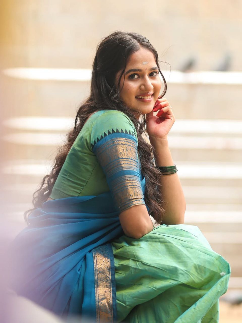 Olive Green & Rama Blue Kanci Cotton Half Saree – Traditional Zari Weaving Langa Voni Set