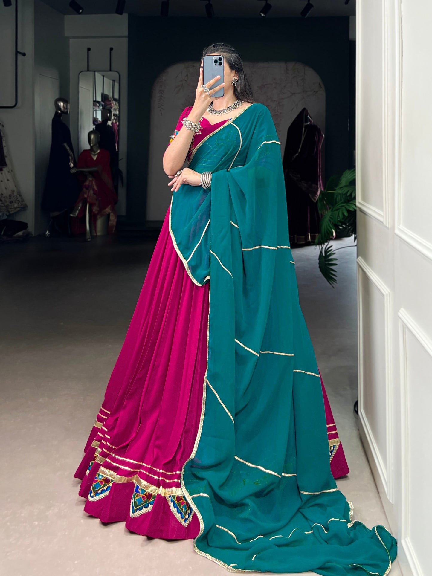 Pink Pure Rayon Gamthi Work With Embossed Design Work Stitched Navratri Lehenga Choli