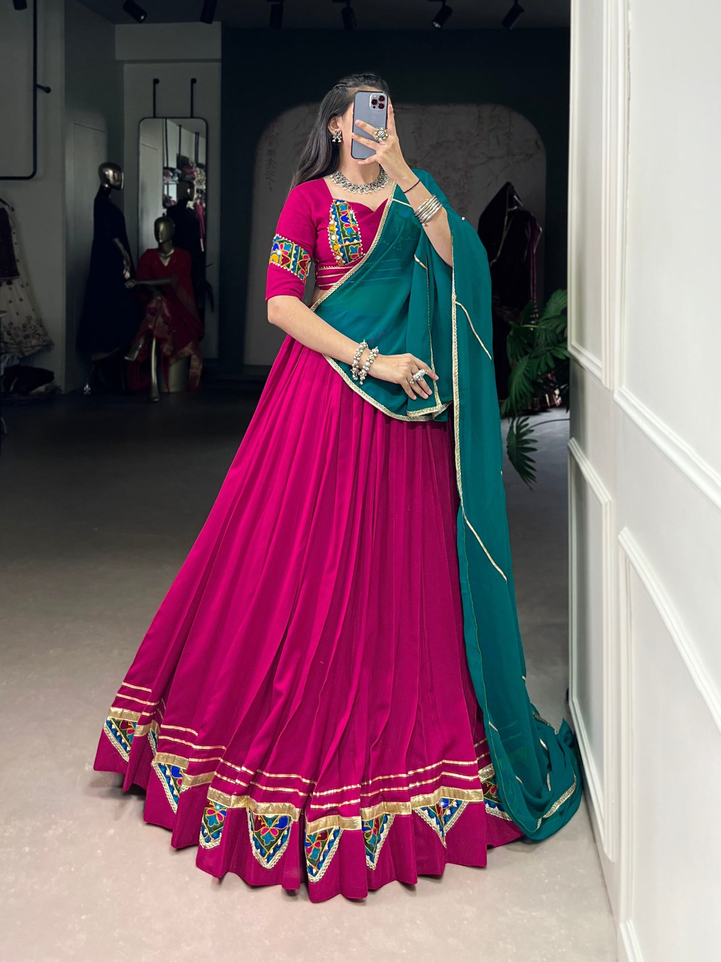 Pink Pure Rayon Gamthi Work With Embossed Design Work Stitched Navratri Lehenga Choli