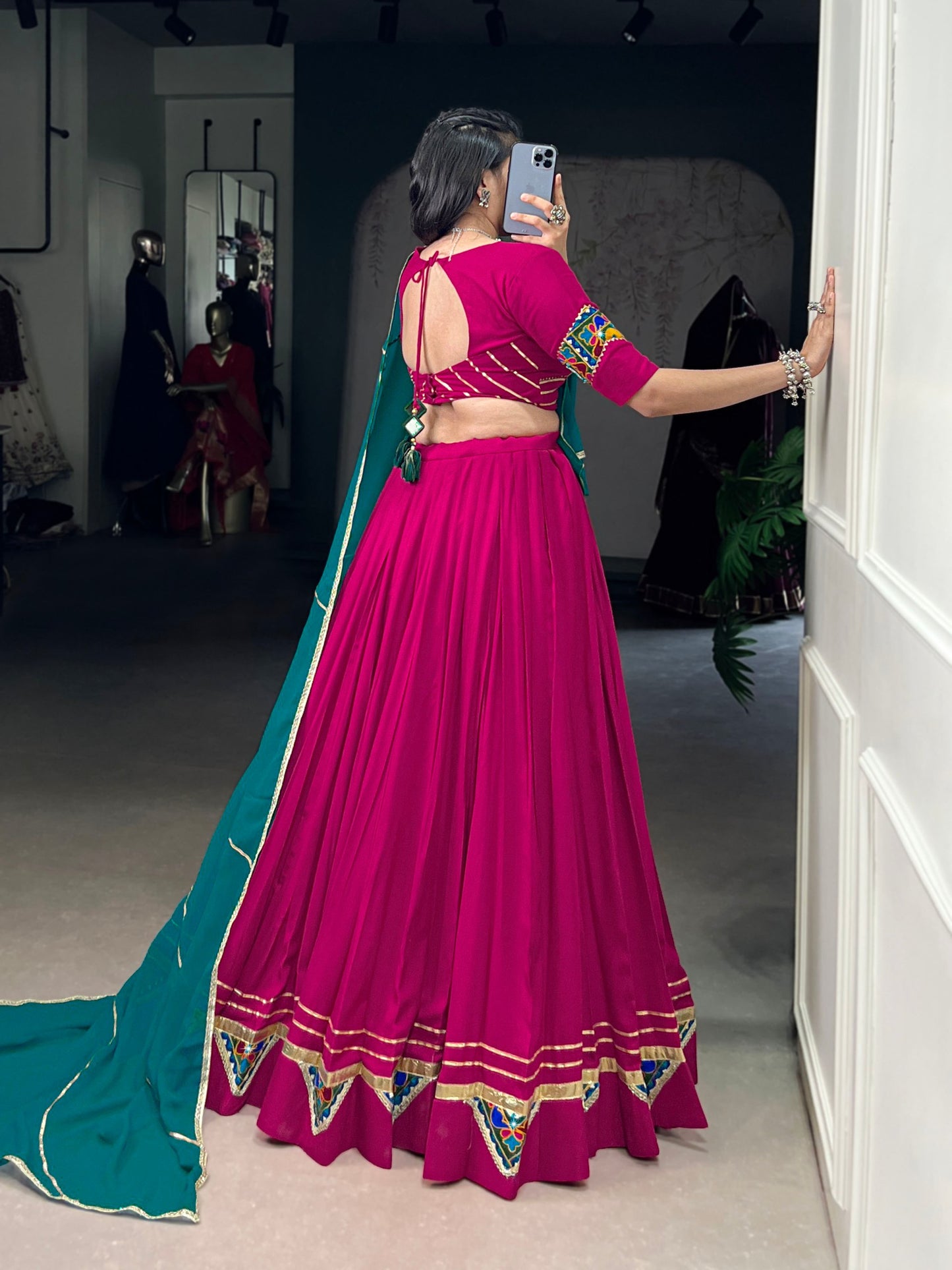 Pink Pure Rayon Gamthi Work With Embossed Design Work Stitched Navratri Lehenga Choli