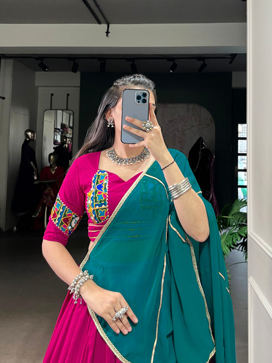 Pink Pure Rayon Gamthi Work With Embossed Design Work Stitched Navratri Lehenga Choli