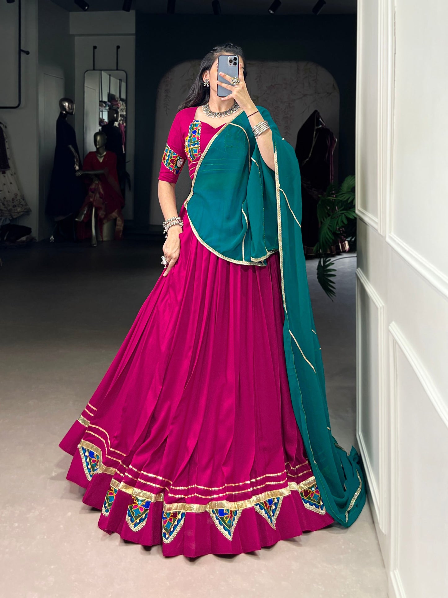 Pink Pure Rayon Gamthi Work With Embossed Design Work Stitched Navratri Lehenga Choli