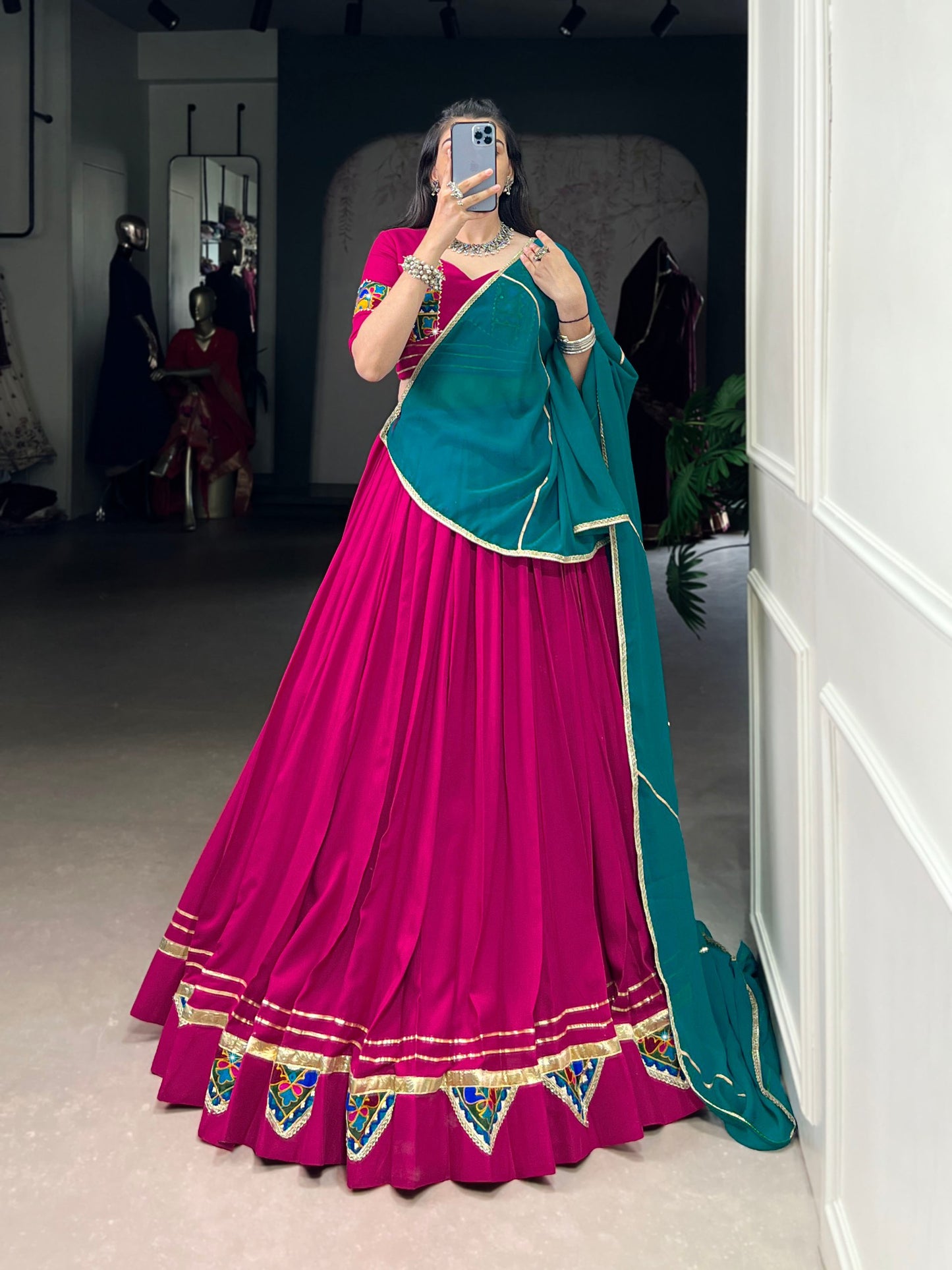 Pink Pure Rayon Gamthi Work With Embossed Design Work Stitched Navratri Lehenga Choli