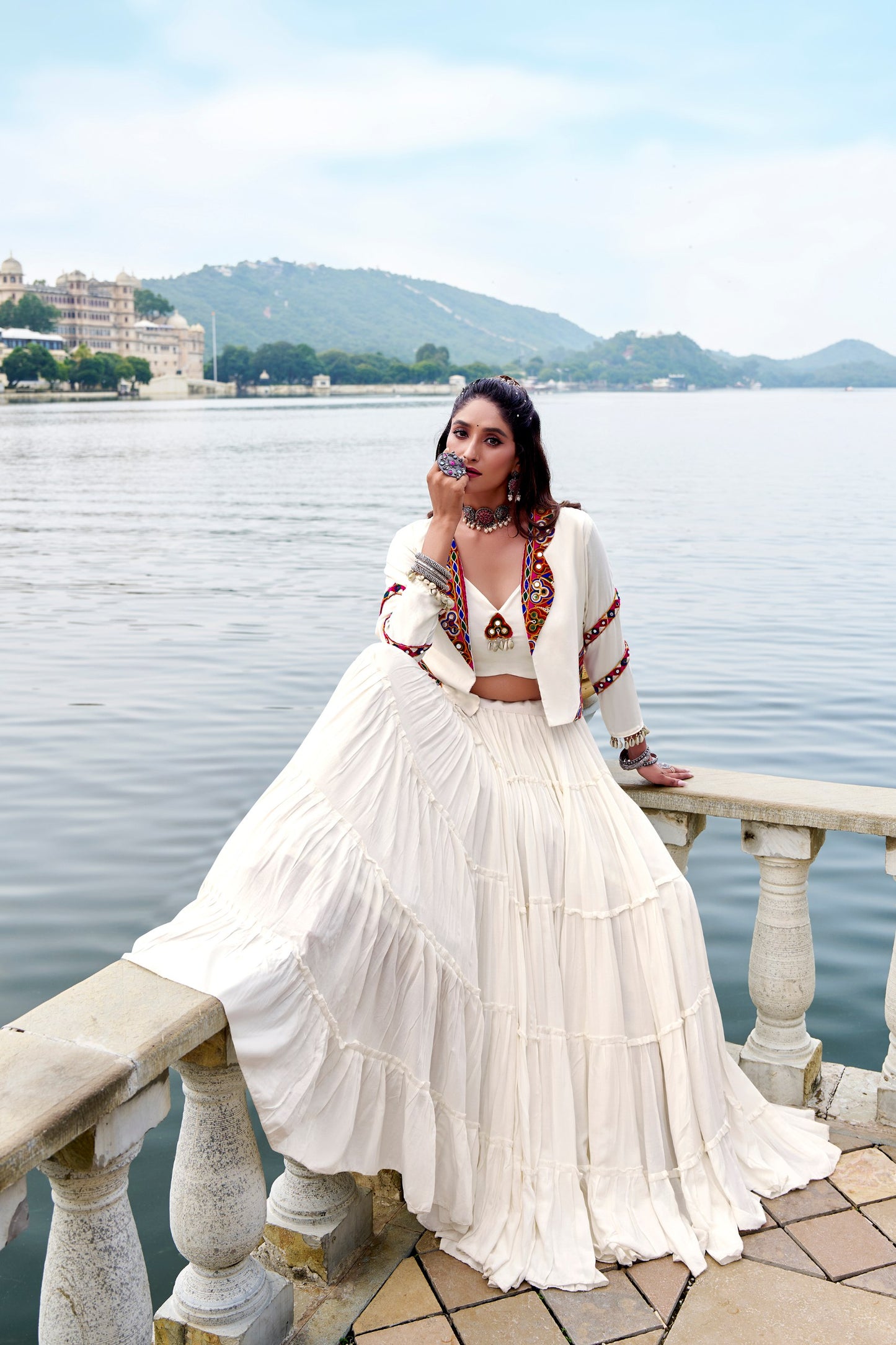 White Pure Rayon Plain Stitched Navratri Lehenga Choli