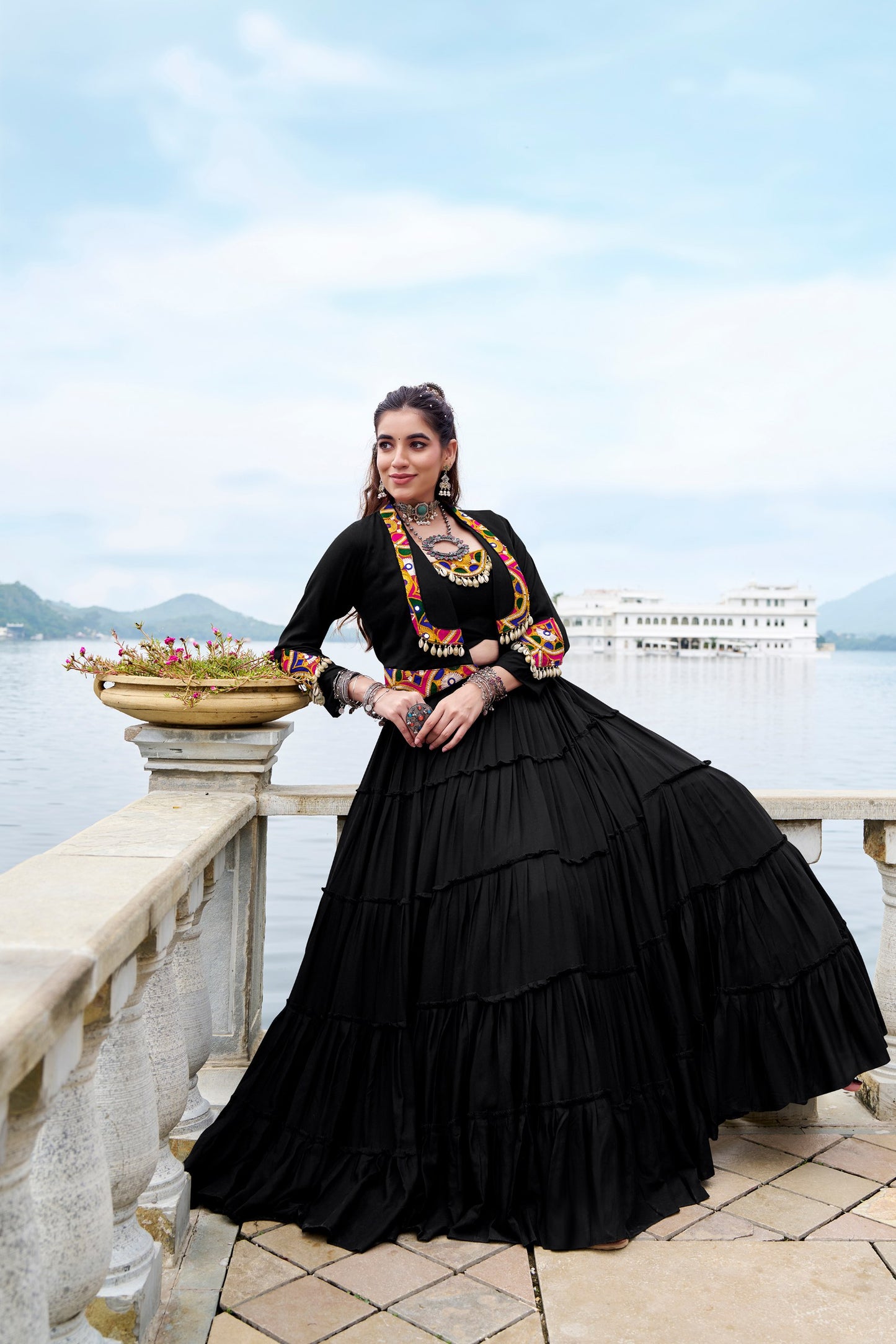 Black Pure Rayon Plain Stitched Navratri Lehenga Choli