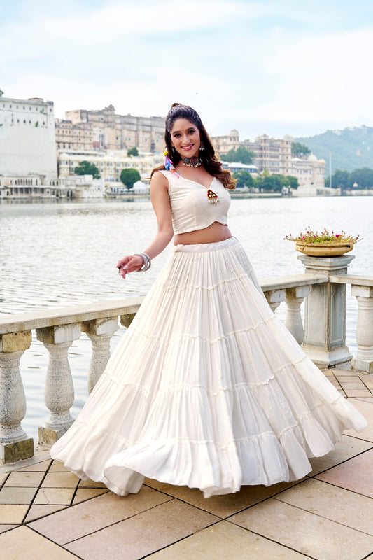 White Pure Rayon Plain Stitched Navratri Lehenga Choli