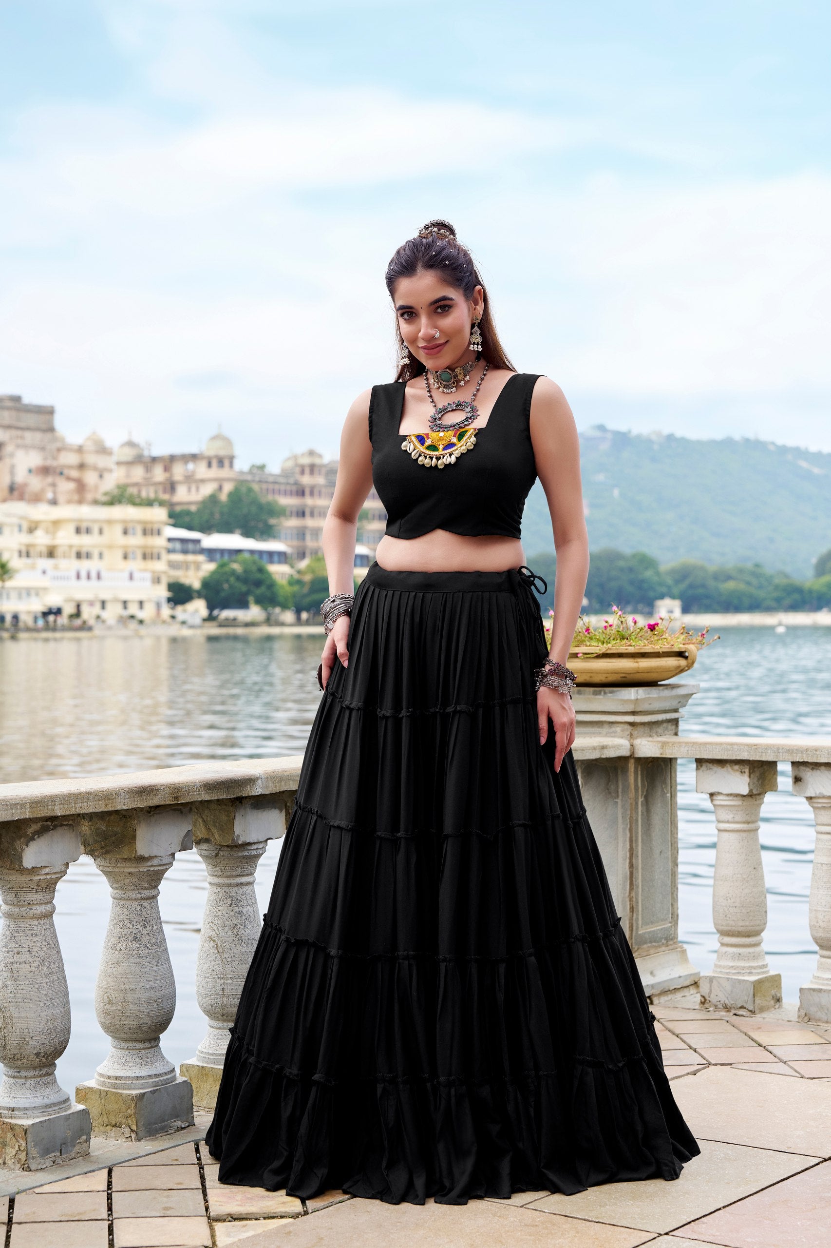 Black Pure Rayon Plain Stitched Navratri Lehenga Choli