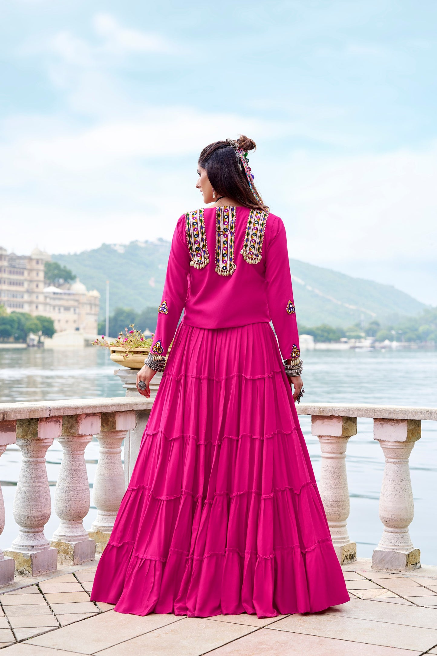 Pink Pure Rayon Plain Stitched Navratri Lehenga Choli