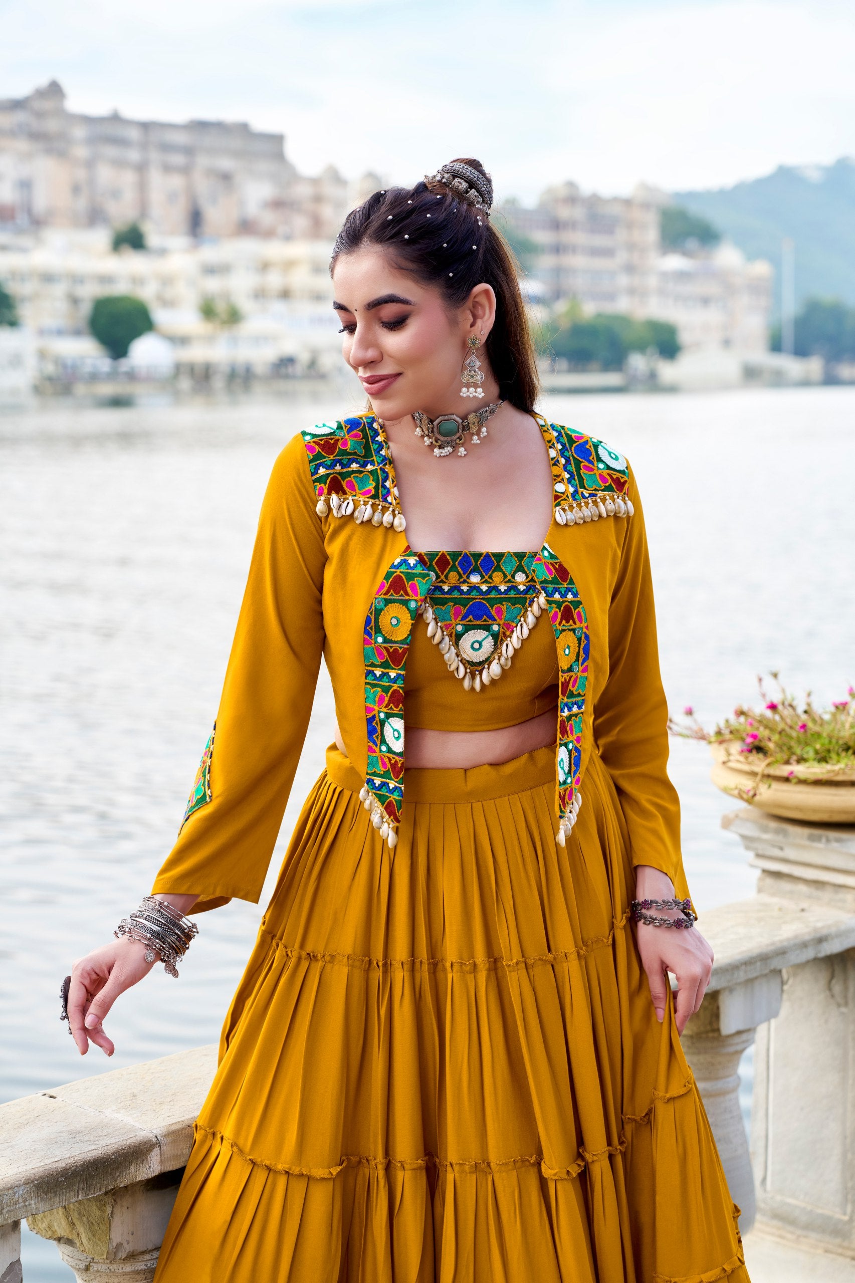 Musterd Pure Rayon Plain Stitched Navratri Lehenga Choli