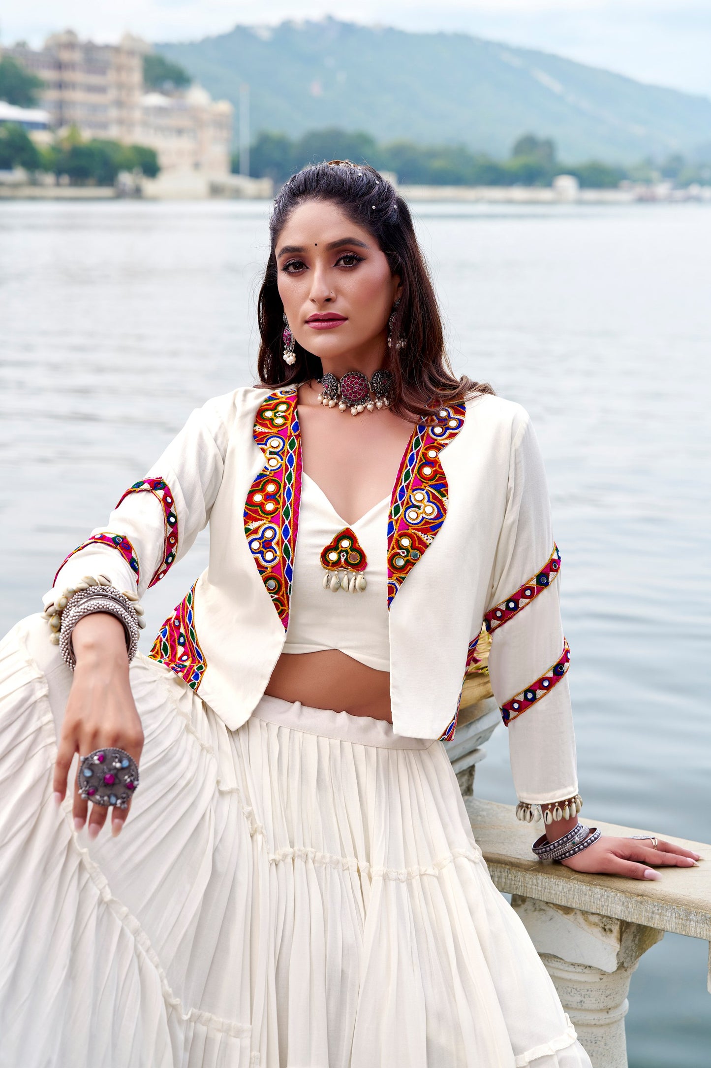 White Pure Rayon Plain Stitched Navratri Lehenga Choli