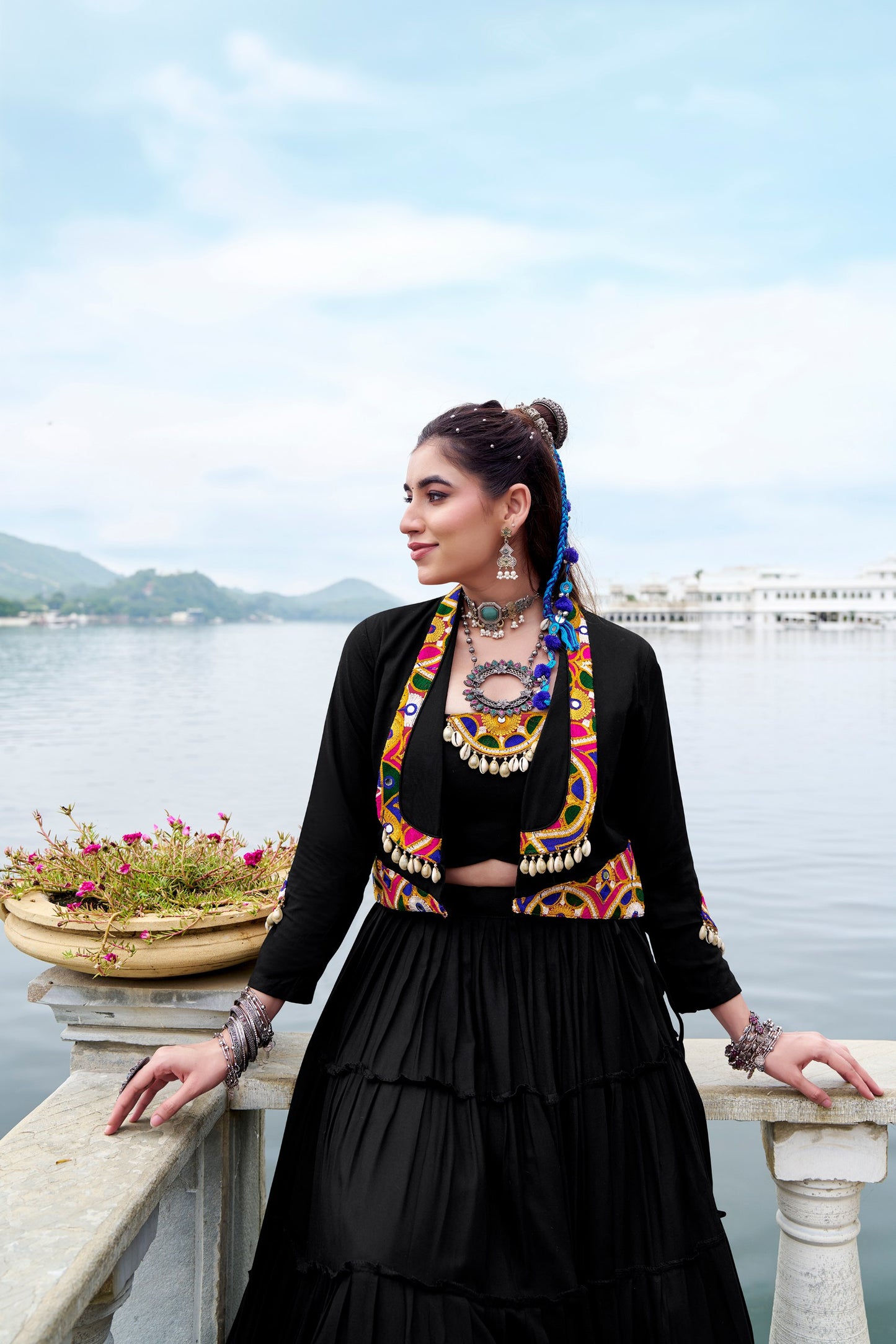 Black Pure Rayon Plain Stitched Navratri Lehenga Choli