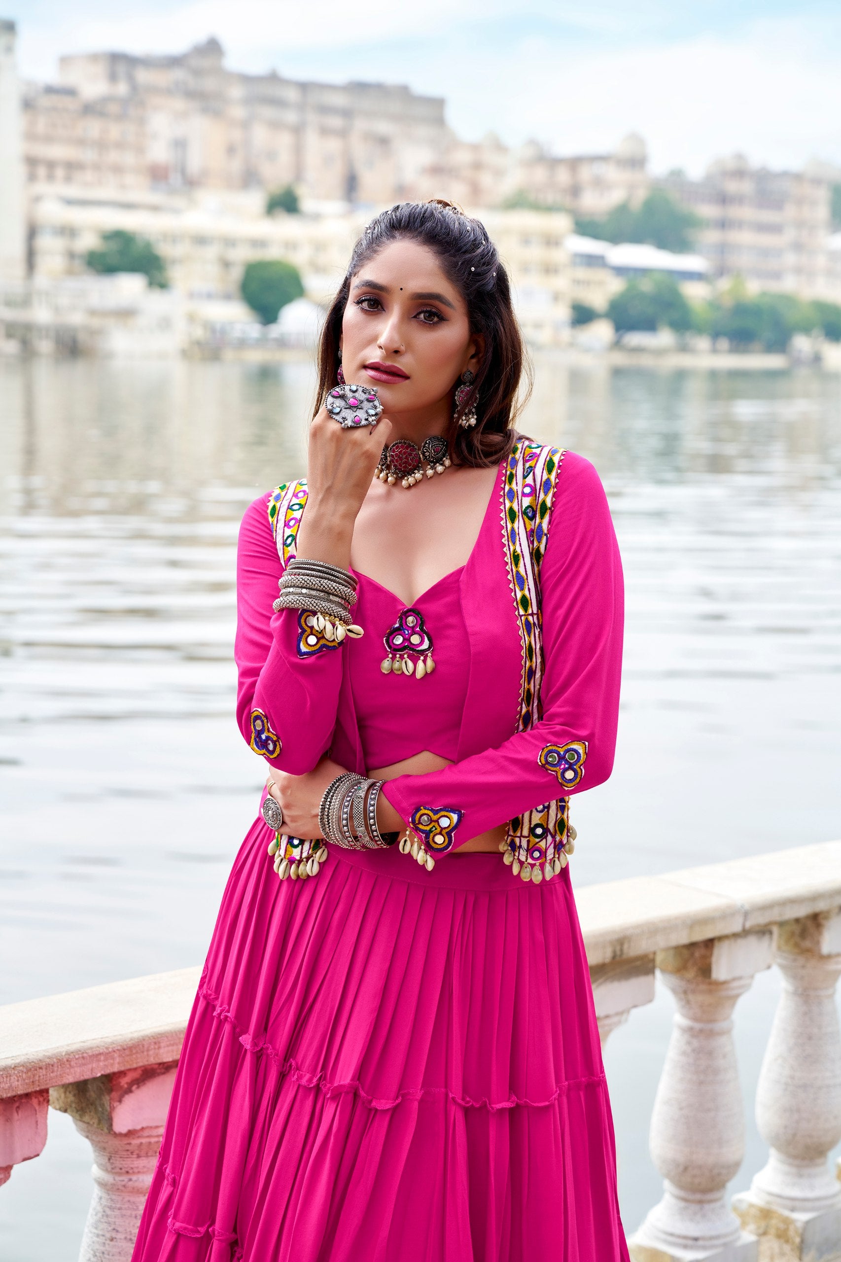 Pink Pure Rayon Plain Stitched Navratri Lehenga Choli