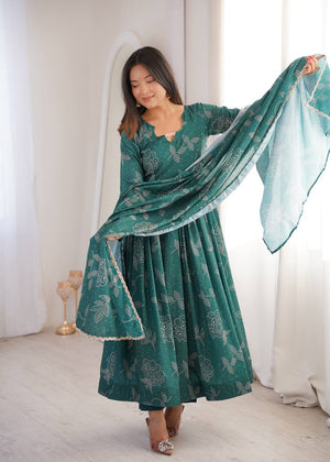 Emerald green Anarkali suit printed muslin Bandhani floral
